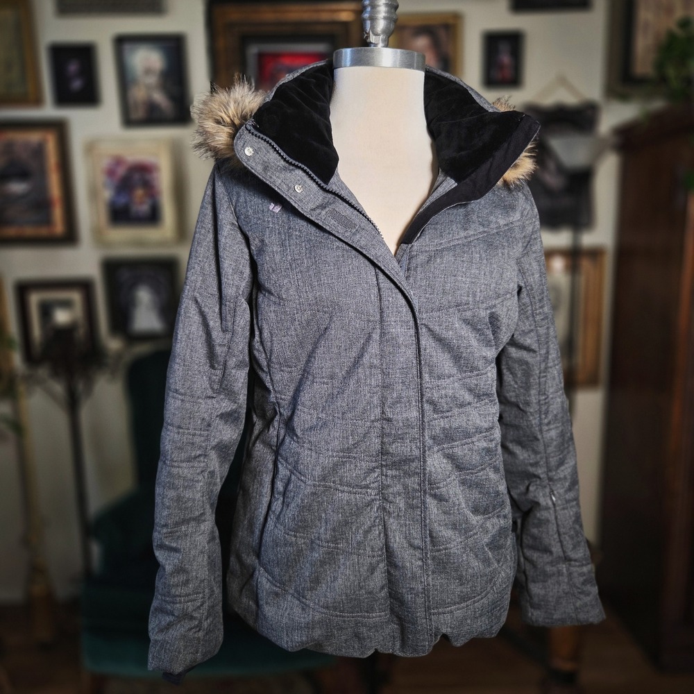 Obermeyer Ski Jacket Women 10 Petite Grey Faux Fur Hood Winter Parka Coat